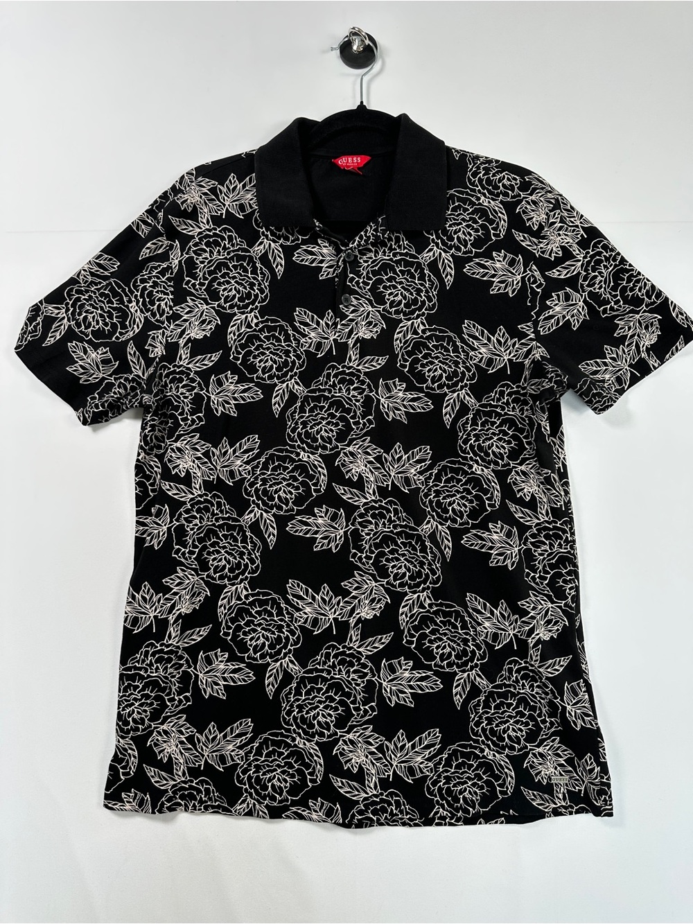 Guess Black White Floral Polo Shirt Dark Boho Size M
